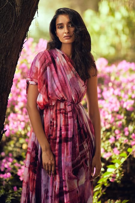 Shop_Ankita Dharman_Multi Color Chiffon One Shoulder Ahura Kaftan _Online_at_Aza_Fashions