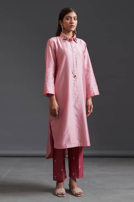 Anantaa By Roohi Pink Silk Chanderi Cutdana , Resham , Sequins, Stone Straight Kurta Online at Aza Fashions Anantaa By Roohi_Pink Silk Chanderi Cutdana , Resham , Sequins, Stone Straight Kurta _Online_at_Aza_Fashions