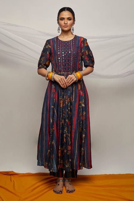Label Kinjal Modi Blue Cotton Silk Floral, Mirror , Thread Print Anarkali And Pant Set 