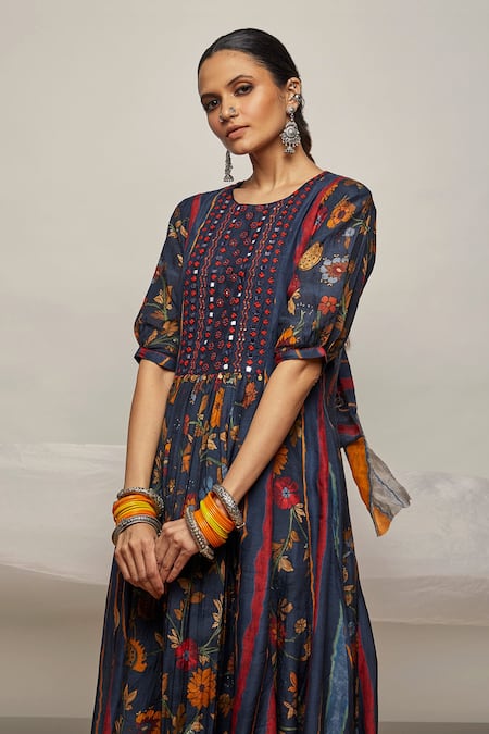 Shop Label Kinjal Modi Blue Cotton Silk Floral, Mirror , Thread Print Anarkali And Pant Set at Aza Fashions Shop_Label Kinjal Modi_Blue Cotton Silk Floral, Mirror , Thread Print Anarkali And Pant Set _at_Aza_Fashions