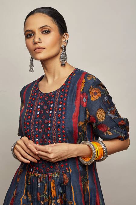 Label Kinjal Modi Blue Cotton Silk Floral, Mirror , Thread Print Anarkali And Pant Set Online at Aza Fashions Label Kinjal Modi_Blue Cotton Silk Floral, Mirror , Thread Print Anarkali And Pant Set _Online_at_Aza_Fashions