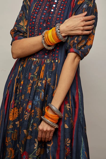 Buy Label Kinjal Modi Blue Cotton Silk Floral, Mirror , Thread Print Anarkali And Pant Set Online at Aza Fashions Buy_Label Kinjal Modi_Blue Cotton Silk Floral, Mirror , Thread Print Anarkali And Pant Set _Online_at_Aza_Fashions