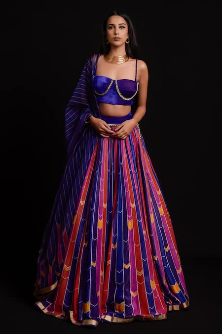 Cedar & Pine_Multi Color Organza, Velvet Striped Sweetheart Neck Print Lehenga Set _Online_at_Aza_Fashions