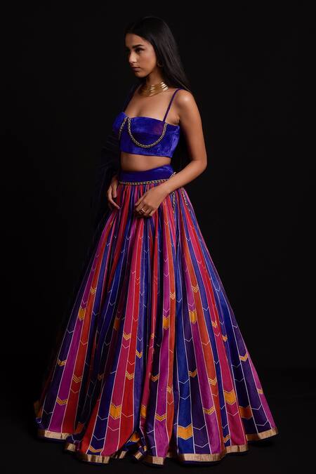 Buy_Cedar & Pine_Multi Color Organza, Velvet Striped Sweetheart Neck Print Lehenga Set _Online_at_Aza_Fashions