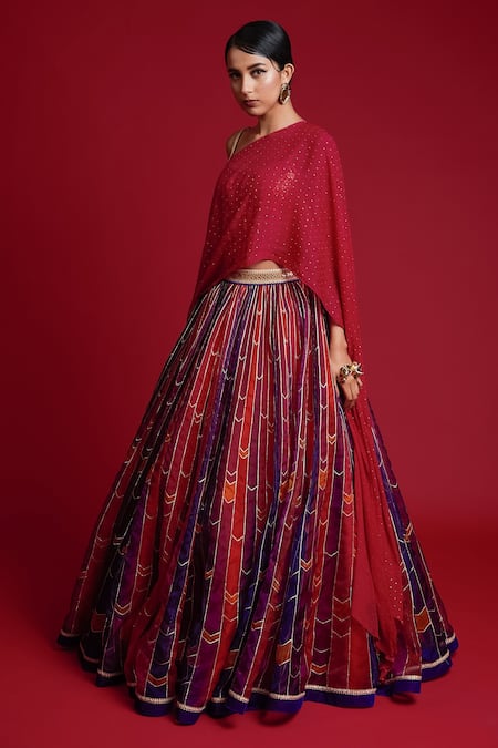 Cedar & Pine_Multi Color Organza, Chinnon Striped Blouse Round, Printed Lehenga Set With _Online_at_Aza_Fashions