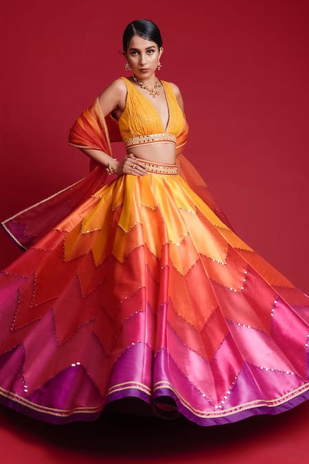 Cedar & Pine_Multi Color Organza, Georgette, Dupion Chevron, Mirror Embroidered Lehenga Set _Online_at_Aza_Fashions