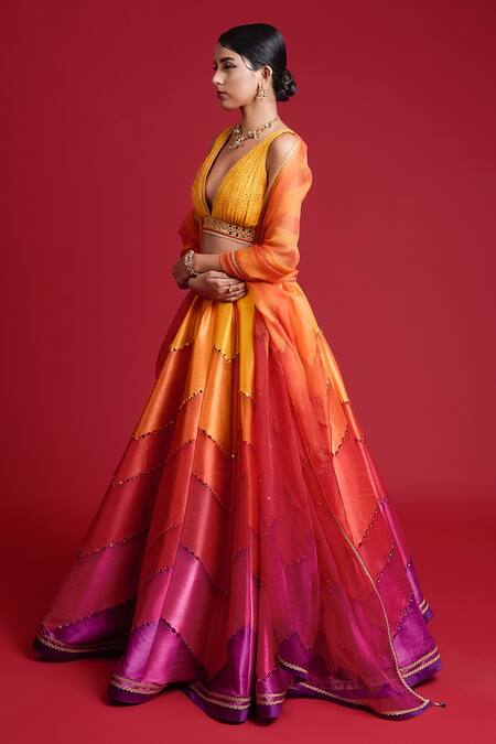 Buy_Cedar & Pine_Multi Color Organza, Georgette, Dupion Chevron, Mirror Embroidered Lehenga Set _Online_at_Aza_Fashions