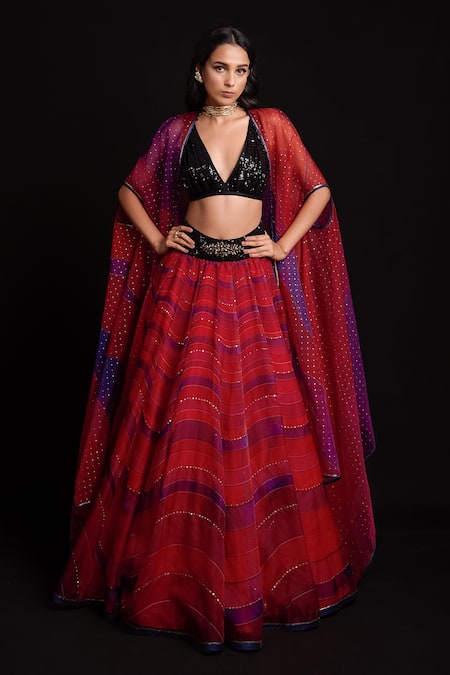 Cedar & Pine Red Organza Printed Wave Motifs Blouse Scoop Lehenga Set And Cape  