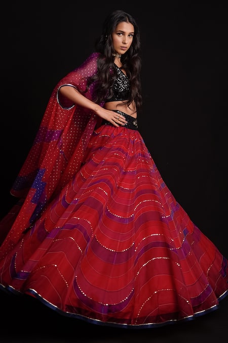Cedar & Pine_Red Organza, Georgette Wave Motifs Blouse Scoop, Cape Printed Lehenga Set And _Online_at_Aza_Fashions