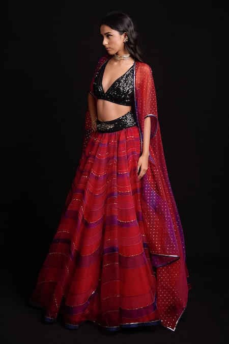 Buy_Cedar & Pine_Red Organza, Georgette Wave Motifs Blouse Scoop, Cape Printed Lehenga Set And _Online_at_Aza_Fashions