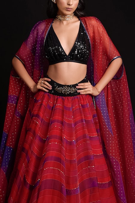 Shop_Cedar & Pine_Red Organza, Georgette Wave Motifs Blouse Scoop, Cape Printed Lehenga Set And _Online_at_Aza_Fashions