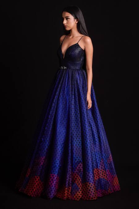 Cedar & Pine_Blue Organza, Tulle Polka Dots Sweetheart Neck Print Gown _Online_at_Aza_Fashions