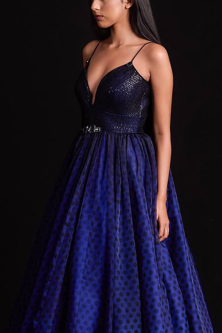 Buy_Cedar & Pine_Blue Organza, Tulle Polka Dots Sweetheart Neck Print Gown _Online_at_Aza_Fashions