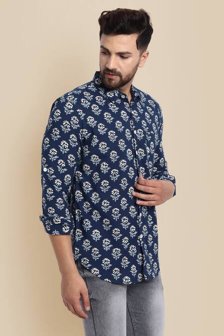 Missprint_Blue Cotton Floral Block Print Shirt_Online_at_Aza_Fashions