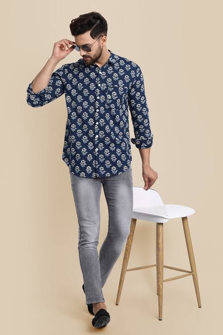Buy_Missprint_Blue Cotton Floral Block Print Shirt_Online_at_Aza_Fashions