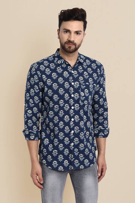 Shop_Missprint_Blue Cotton Floral Block Print Shirt_Online_at_Aza_Fashions