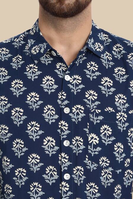 Missprint_Blue Cotton Floral Block Print Shirt_at_Aza_Fashions