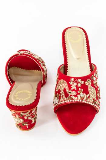 Buy_Shiveen Shiveen_Red Embroidery Swan Velvet Block Heels_Online_at_Aza_Fashions