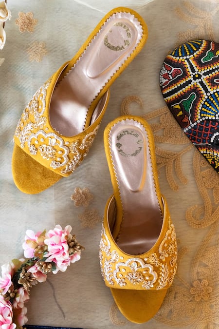 Shiveen Shiveen Yellow Embroidered Grath Block Heels 
