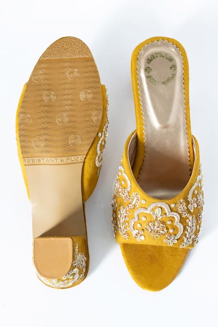 Shop Shiveen Shiveen Yellow Embroidered Grath Block Heels at Aza Fashions Shop_Shiveen Shiveen_Yellow Embroidered Grath Block Heels _at_Aza_Fashions