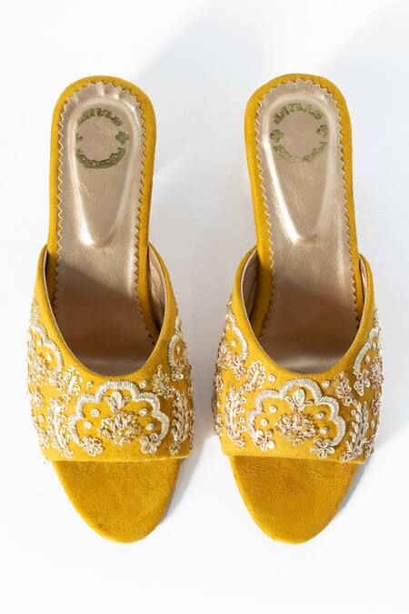 Shiveen Shiveen Yellow Embroidered Grath Block Heels Online at Aza Fashions Shiveen Shiveen_Yellow Embroidered Grath Block Heels _Online_at_Aza_Fashions