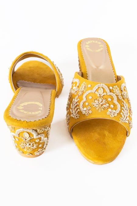 Buy Shiveen Shiveen Yellow Embroidered Grath Block Heels Online at Aza Fashions Buy_Shiveen Shiveen_Yellow Embroidered Grath Block Heels _Online_at_Aza_Fashions