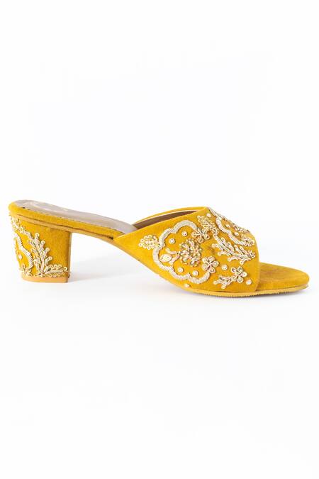 Shop Shiveen Shiveen Yellow Embroidered Grath Block Heels Online at Aza Fashions Shop_Shiveen Shiveen_Yellow Embroidered Grath Block Heels _Online_at_Aza_Fashions