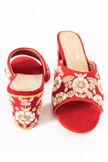 Buy_Shiveen Shiveen_Red Embroidery Velvet Block Heels _Online_at_Aza_Fashions