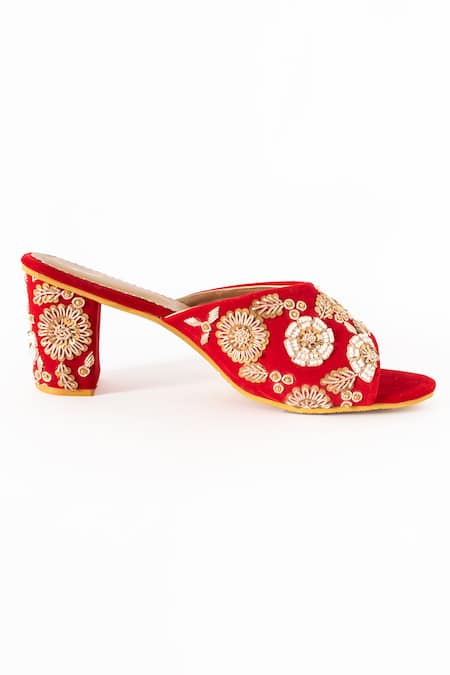 Shop_Shiveen Shiveen_Red Embroidery Velvet Block Heels _Online_at_Aza_Fashions