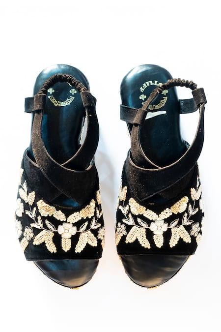 Shiveen Shiveen_Black Embroidery Floral Zari Wedges _Online_at_Aza_Fashions