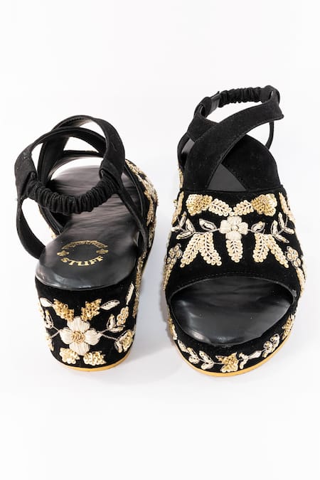 Buy_Shiveen Shiveen_Black Embroidery Floral Zari Wedges _Online_at_Aza_Fashions