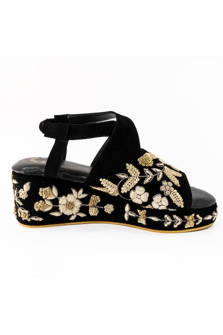 Shop_Shiveen Shiveen_Black Embroidery Floral Zari Wedges _Online_at_Aza_Fashions