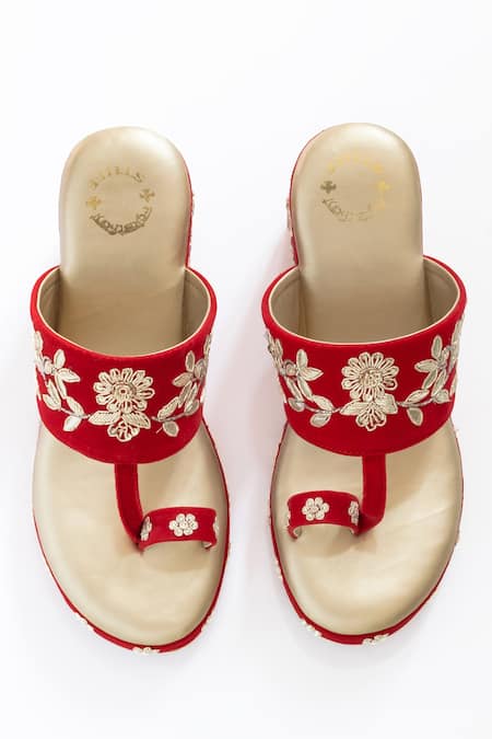 Shiveen Shiveen_Red Embroidery Velvet Wedges _Online_at_Aza_Fashions
