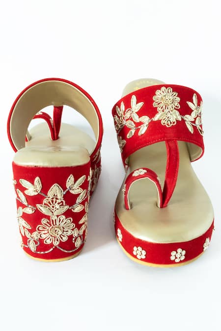 Buy_Shiveen Shiveen_Red Embroidery Velvet Wedges _Online_at_Aza_Fashions