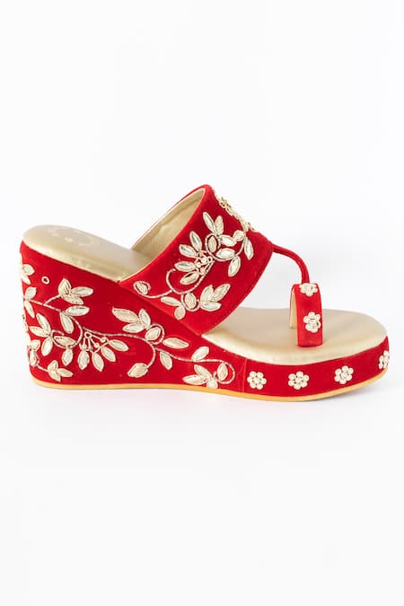 Shop_Shiveen Shiveen_Red Embroidery Velvet Wedges _Online_at_Aza_Fashions