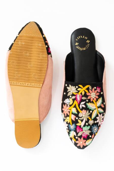 Shop Shiveen Shiveen Black Floral Embroidered Velvet Mules at Aza Fashions Shop_Shiveen Shiveen_Black Floral Embroidered Velvet Mules _at_Aza_Fashions