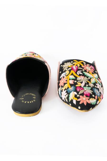 Buy Shiveen Shiveen Black Floral Embroidered Velvet Mules Online at Aza Fashions Buy_Shiveen Shiveen_Black Floral Embroidered Velvet Mules _Online_at_Aza_Fashions