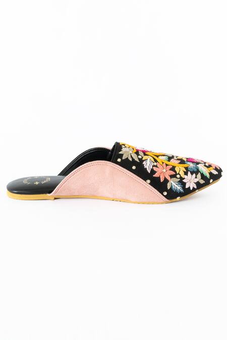 Shop Shiveen Shiveen Black Floral Embroidered Velvet Mules Online at Aza Fashions Shop_Shiveen Shiveen_Black Floral Embroidered Velvet Mules _Online_at_Aza_Fashions