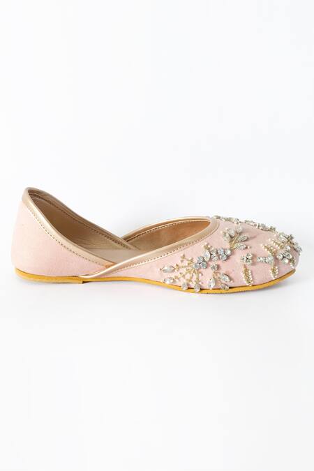 Shop_Shiveen Shiveen_Pink Embroidered Light Rhinestone Juttis_Online_at_Aza_Fashions