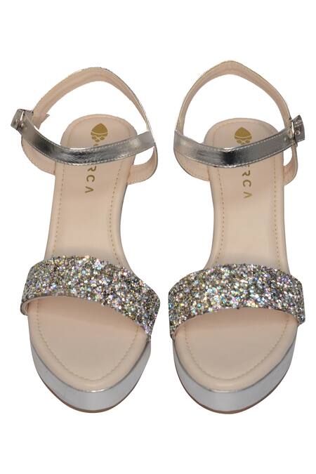 Shop Perca Silver Crystals Embellished Platform Wedges at Aza Fashions Shop_Perca_Silver Crystals Embellished Platform Wedges_at_Aza_Fashions