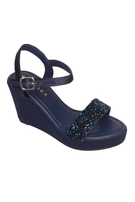 Perca_Blue Crystals Embellished Platform Wedges_Online_at_Aza_Fashions