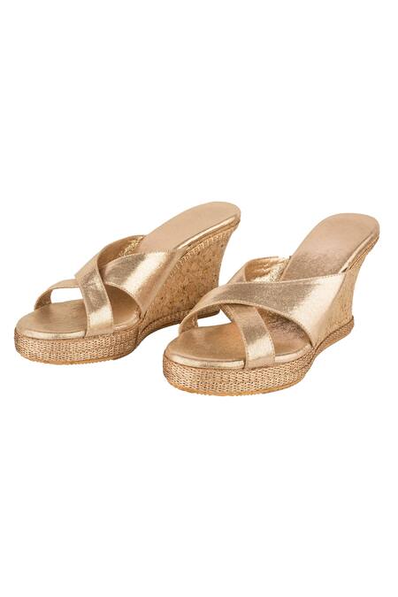 Perca_Gold Lace Criss Cross Metallic Platform Wedges_Online_at_Aza_Fashions