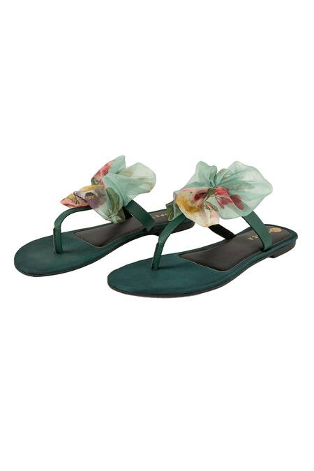 Perca_Green 3d Floral Motif Flats_Online_at_Aza_Fashions
