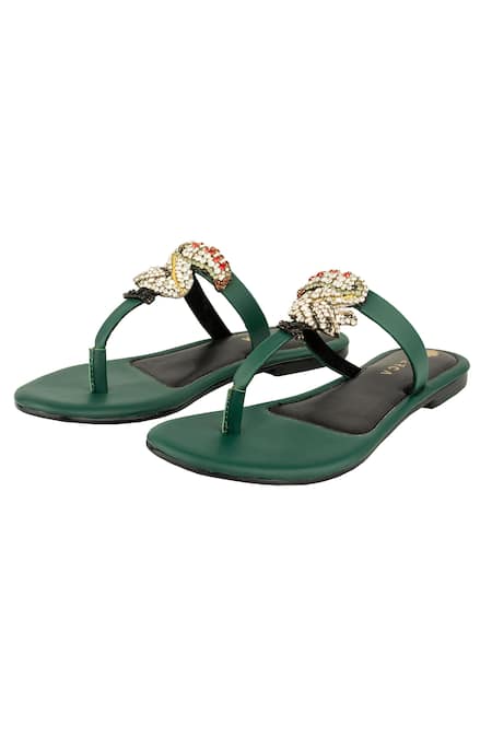 Perca_Green Toucan Embellished Flats_Online_at_Aza_Fashions