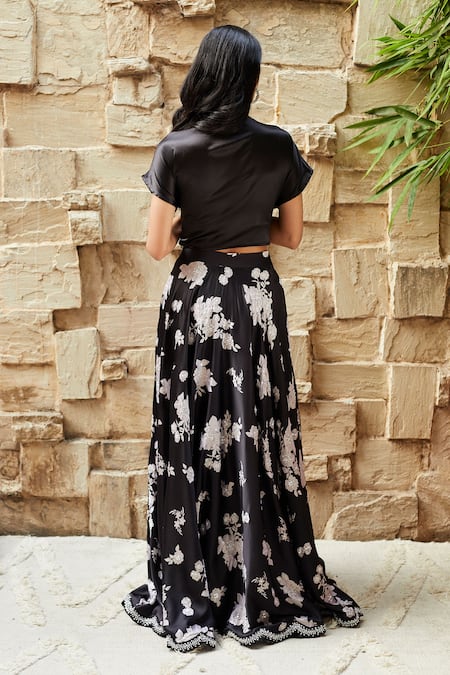 Shop_J By Jannat_Black Satin, Shantoon Lining Bead Work, Floral, Print Lehenga And Choli Set _at_Aza_Fashions