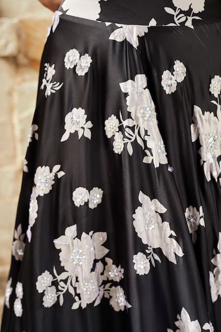 Buy_J By Jannat_Black Satin, Shantoon Lining Bead Work, Floral, Print Lehenga And Choli Set _Online_at_Aza_Fashions