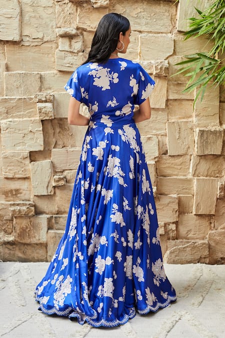 Shop_J By Jannat_Blue Satin, Shantoon Lining Bead Work, Floral, Sequins Print Lehenga And Choli Set _at_Aza_Fashions