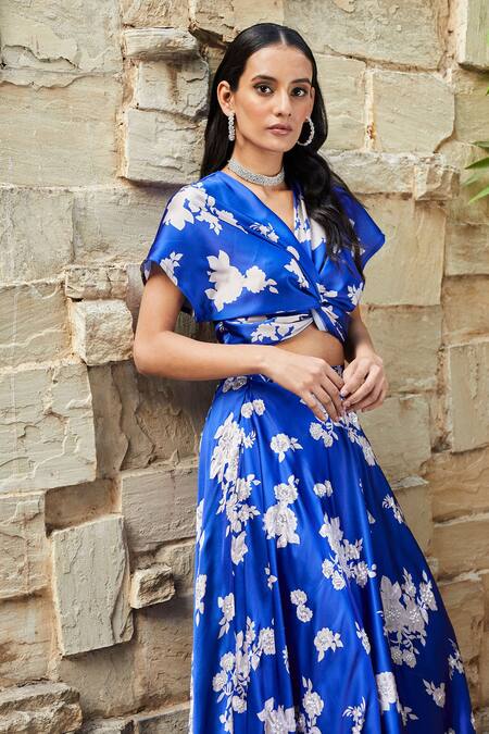 Buy_J By Jannat_Blue Satin, Shantoon Lining Bead Work, Floral, Sequins Print Lehenga And Choli Set _Online_at_Aza_Fashions