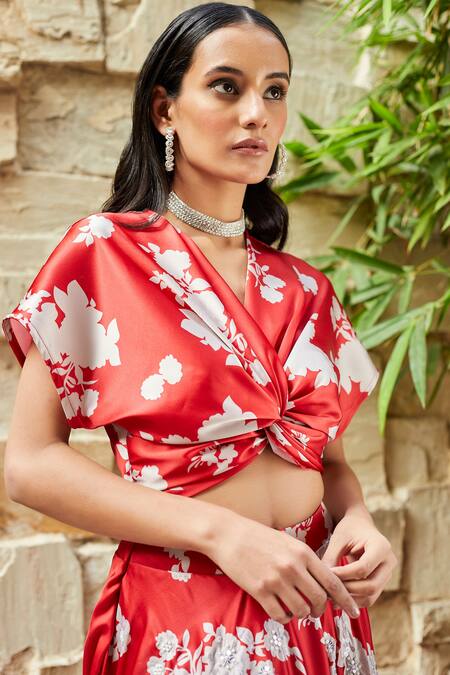 Buy J By Jannat Red Satin, Shantoon Lining Bead Work, Floral, Sequins Print Lehenga And Choli Set Online at Aza Fashions Buy_J By Jannat_Red Satin, Shantoon Lining Bead Work, Floral, Sequins Print Lehenga And Choli Set_Online_at_Aza_Fashions