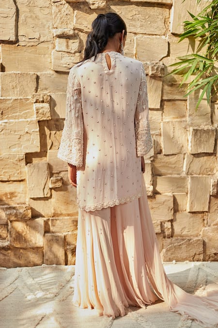 Shop_J By Jannat_Pink Net, Georgette, Shantoon Lining Bead Hand Embroidered Kurta Sharara Set _at_Aza_Fashions